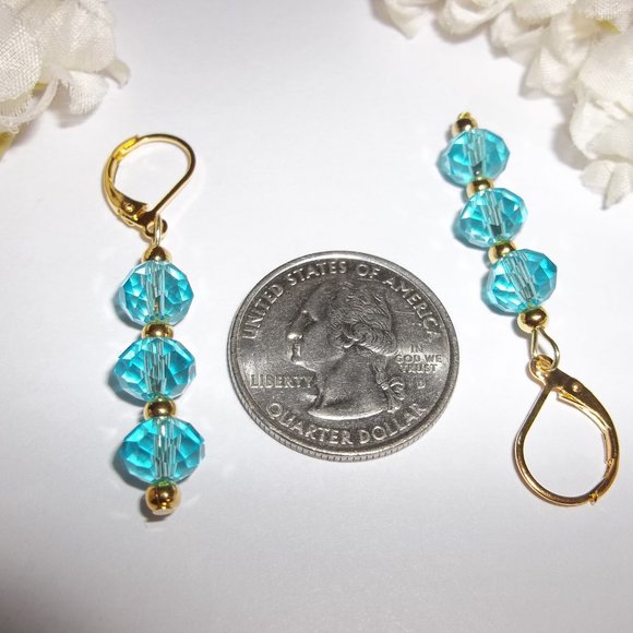 Pretty Turquoise Blue & Gold Earrings Beaded 6327 - Picture 2 of 7